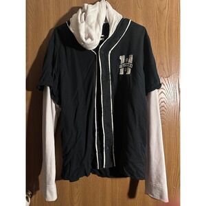 Mens Black Baseball Button Down Jersey Long Sleeve Hooded Shirt